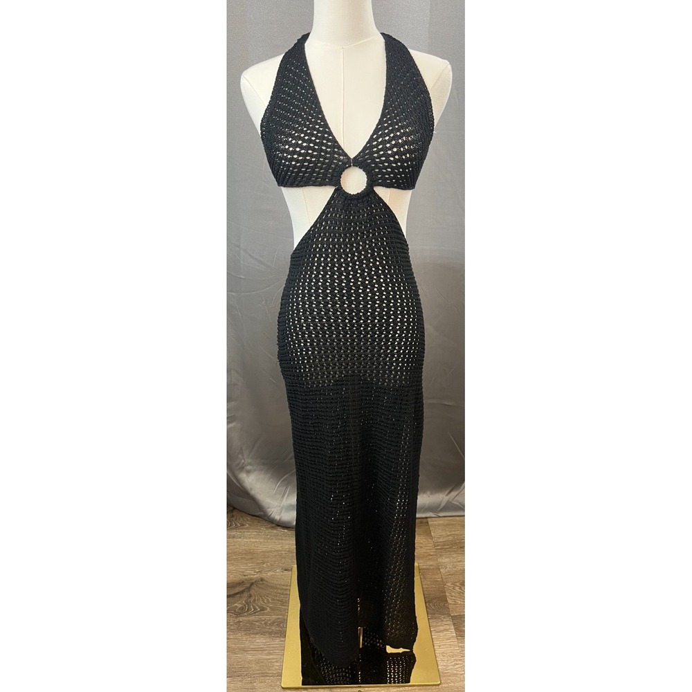 Black Crochet Halter Maxi Dress Side Slit Beachy Vacation O Ring Size Small